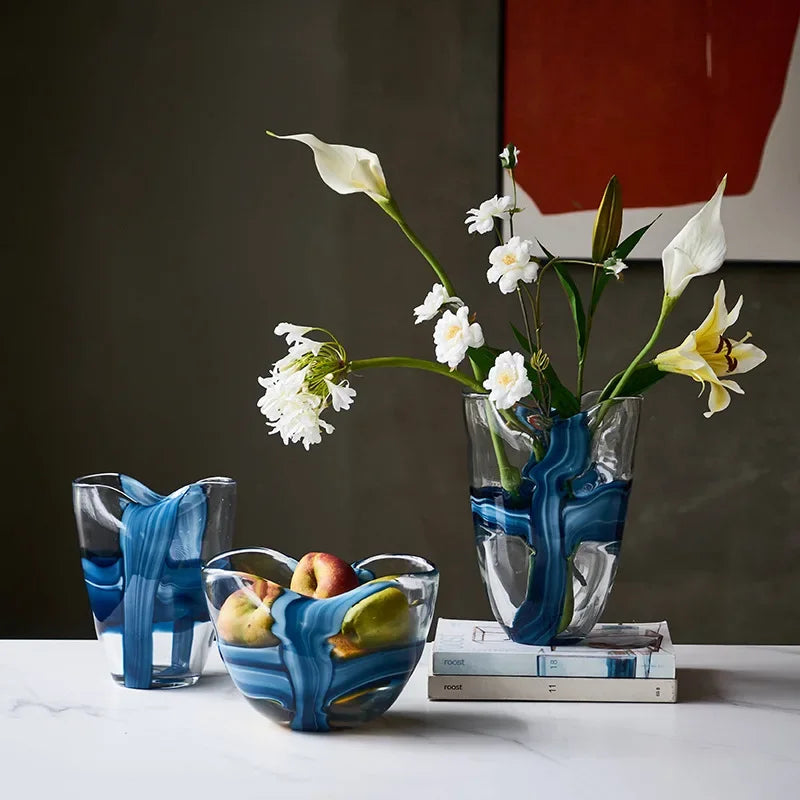 Nordic Style Handmade Transparent Pleated Blue Phoenix Tail Glass Vase Flower Table Model Room Living Room Decoration Flower Pot